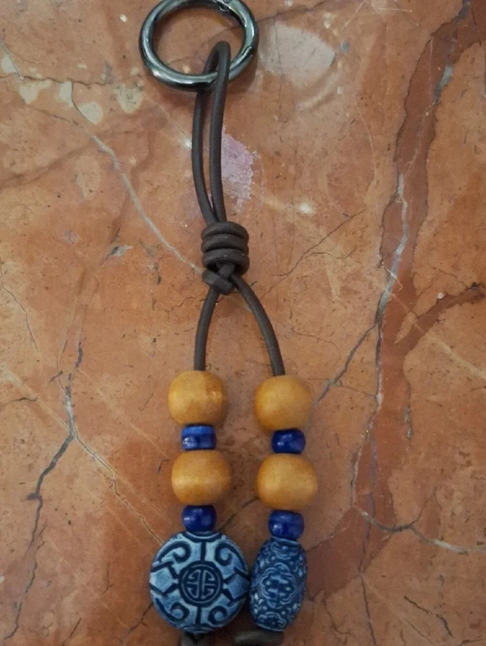 Beaded Leather Keychain Bag Charm with Blue Accents
